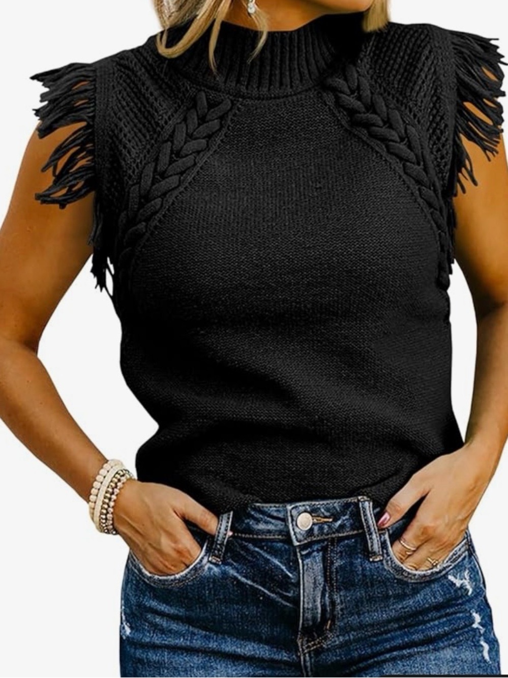 Fringed Braided Knit Sleeveless Top - Black